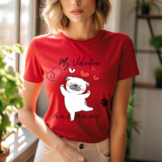 My Valentine Has Paws Dog T-Shirt Cute Dog Love T-Shirt Valentine’s Day Puppy with Hearts Graphic Tee for Dog Lovers