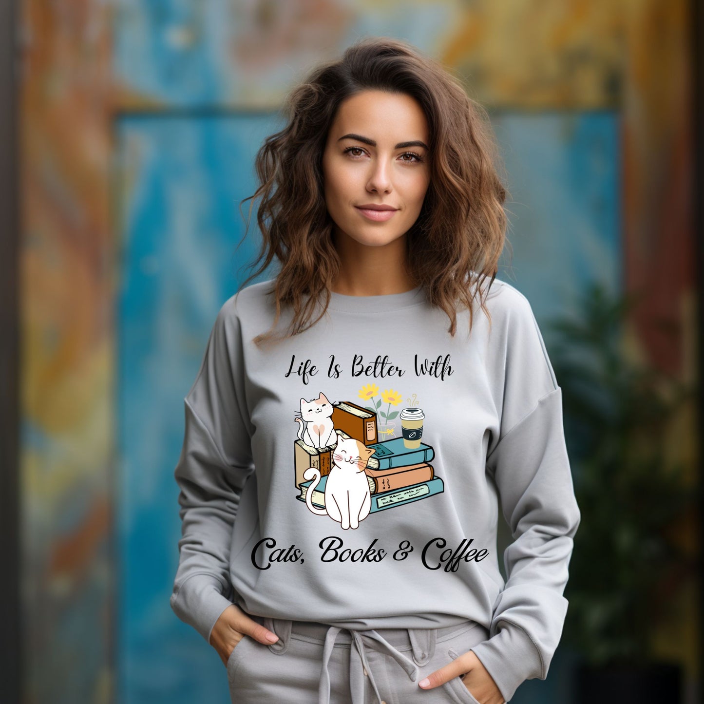 Cute Cat Book Coffee T-Shirt Cozy Literary Cat Lover Tee  Long Sleeve Tee