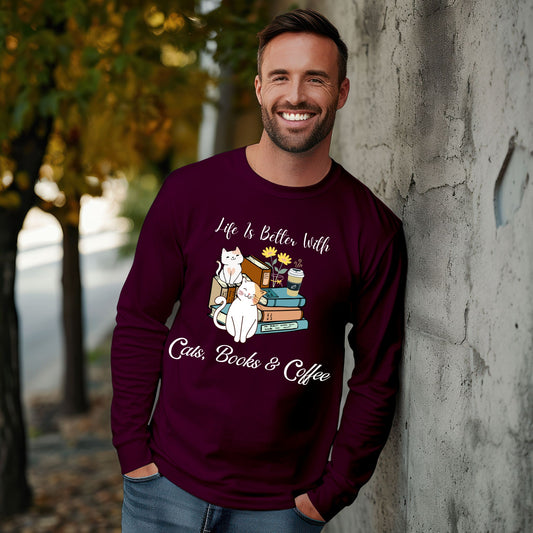 Cute Cat Book Coffee T-Shirt Cozy Literary Cat Lover Tee  Long Sleeve Tee