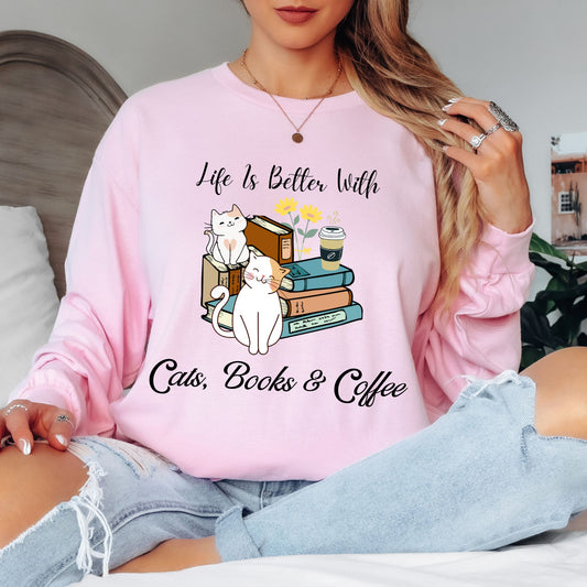 Cute Cat Book Coffee T-Shirt Cozy Literary Cat Lover Tee  Long Sleeve Tee