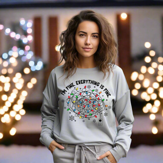 Funny Christmas T-Shirt - I'm Fine Tangled Lights Design Long Sleeve Tee