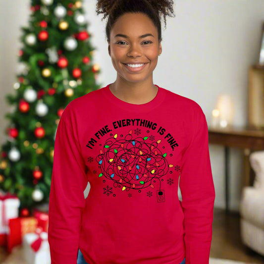 Funny Christmas T-Shirt - I'm Fine Tangled Lights Design Long Sleeve Tee