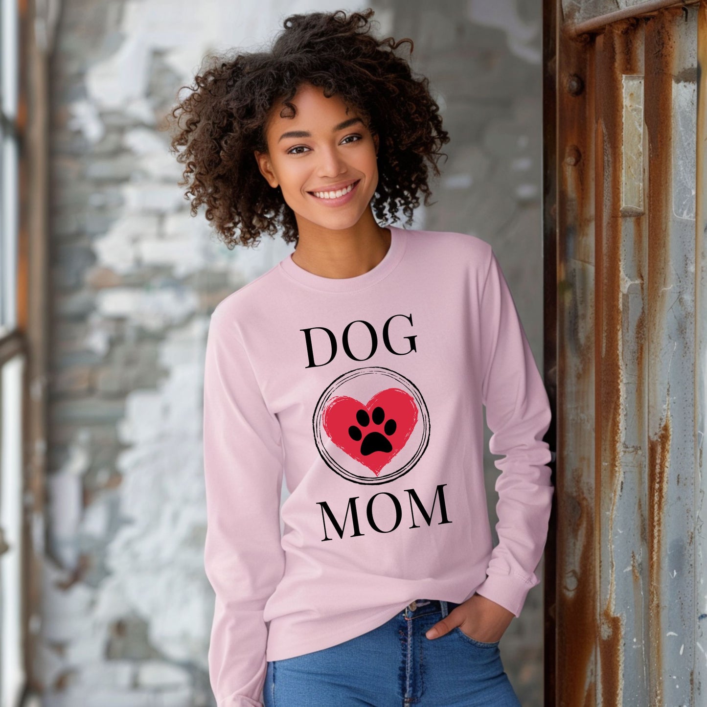 Dog Mom Paw Print Heart T-Shirt, Pet Lover Tee, Animal Parent Shirt, Puppy Owner Top, Cute Doggie Theme Clothing Long Sleeve Tee