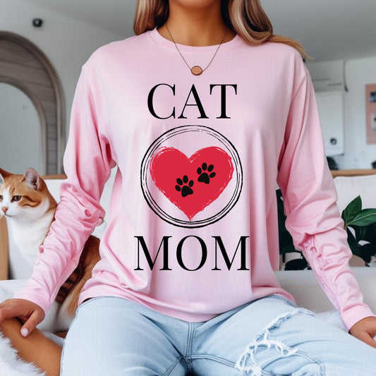 Cat Mom T-Shirt, Pet Lover Tee, Heart Pawprint Shirt, Gift for Cat Owner, Mother's Day Gift Long Sleeve Tee