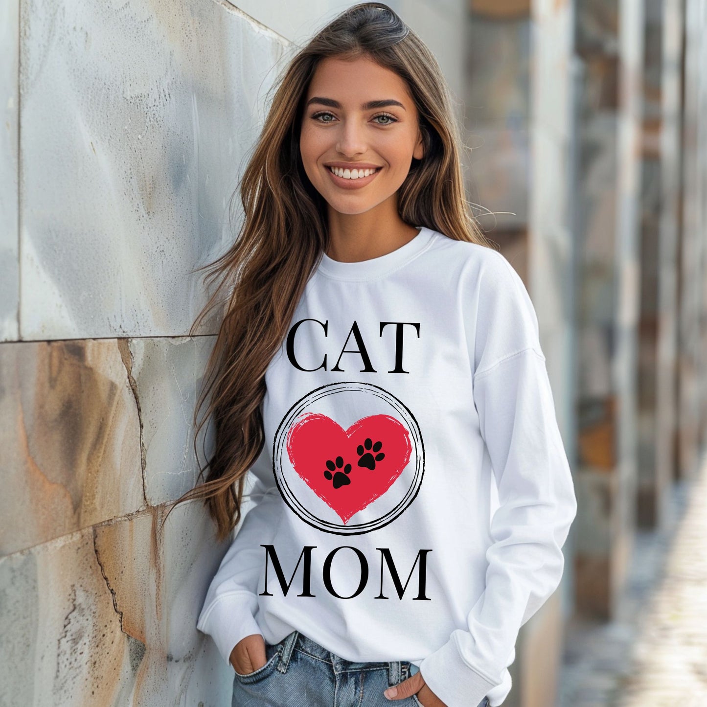 Cat Mom T-Shirt, Pet Lover Tee, Heart Pawprint Shirt, Gift for Cat Owner, Mother's Day Gift Long Sleeve Tee