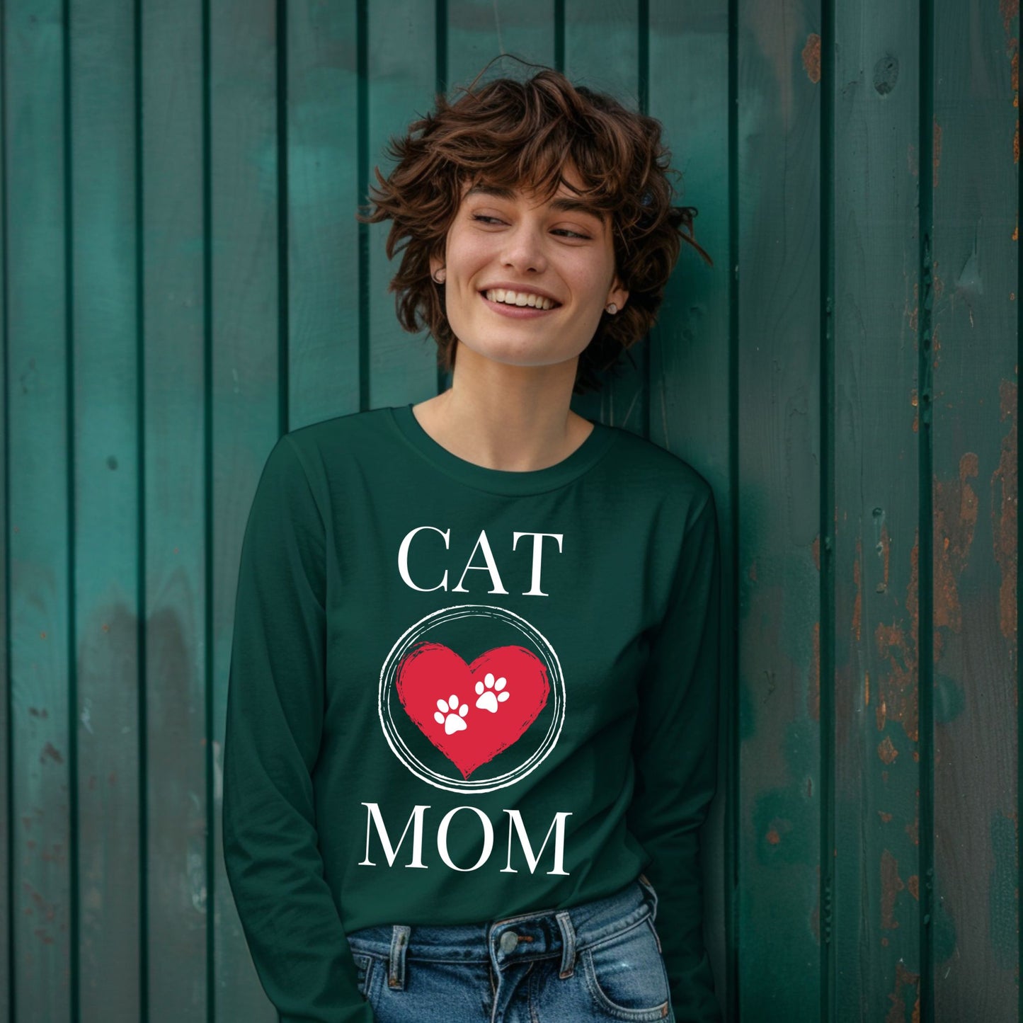 Cat Mom T-Shirt, Pet Lover Tee, Heart Pawprint Shirt, Gift for Cat Owner, Mother's Day Gift Long Sleeve Tee