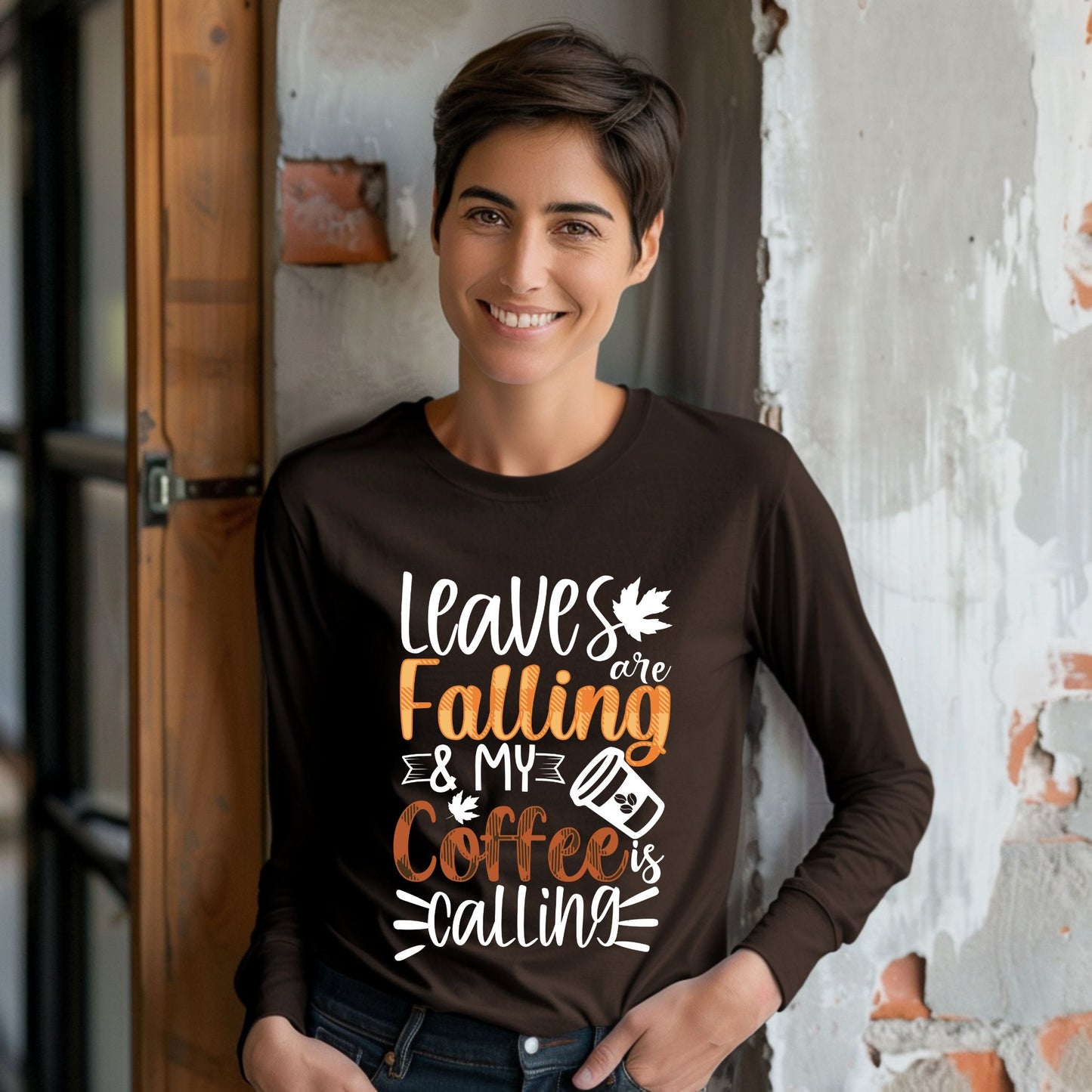 Leaves Are Falling and My Coffee Is Calling T-Shirt – Fall Coffee Lover Autumn Tee Fall Vibes Shirt Long Sleeve Tee