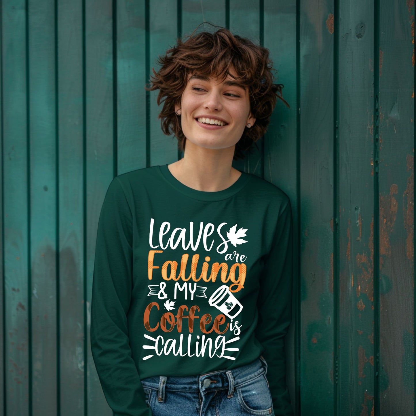 Leaves Are Falling and My Coffee Is Calling T-Shirt – Fall Coffee Lover Autumn Tee Fall Vibes Shirt Long Sleeve Tee