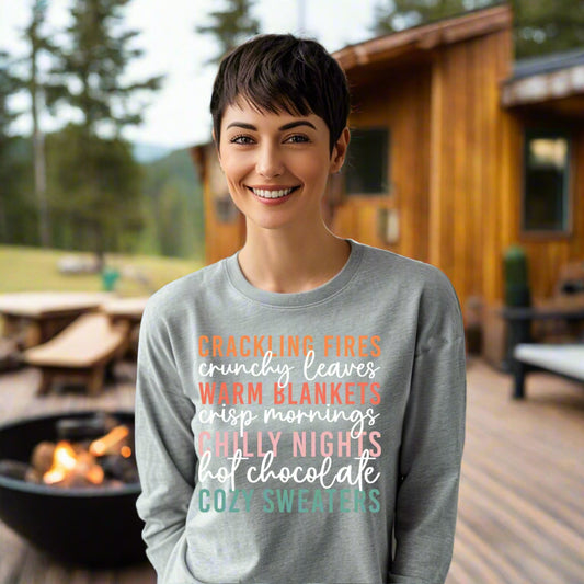 Fall Vibes T-Shirt  Autumn Text Graphic Tee  Fall Lovers Tshirt Crackling Fires and Cozy Sweaters T-Shirt Fall Lover Gift Long Sleeve Tee