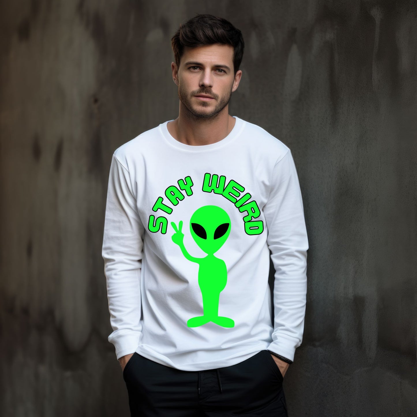 Stay Weird Alien Peace Sign T-Shirt – Fun Retro UFO Graphic Tee Long Sleeve Tee