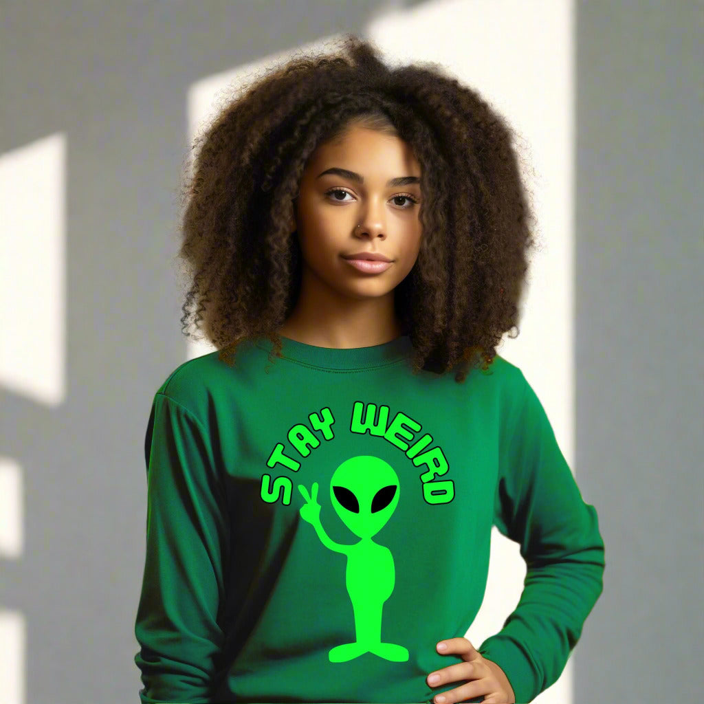 Stay Weird Alien Peace Sign T-Shirt – Fun Retro UFO Graphic Tee Long Sleeve Tee