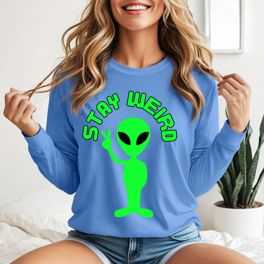 Stay Weird Alien Peace Sign T-Shirt – Fun Retro UFO Graphic Tee Long Sleeve Tee