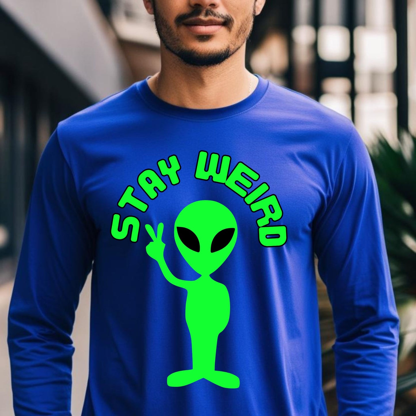 Stay Weird Alien Peace Sign T-Shirt – Fun Retro UFO Graphic Tee Long Sleeve Tee