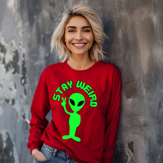 Stay Weird Alien Peace Sign T-Shirt – Fun Retro UFO Graphic Tee Long Sleeve Tee