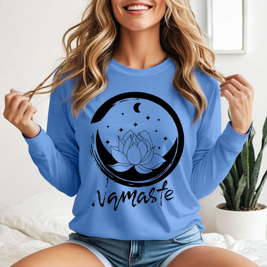 Namaste T-Shirt – Lotus Flower & Moon Graphic Tee for Yoga, Meditation & Mindfulness Lovers  Yoga Shirt Meditation Shirt Yoga Gift Zen TShirt Long Sleeve Tee
