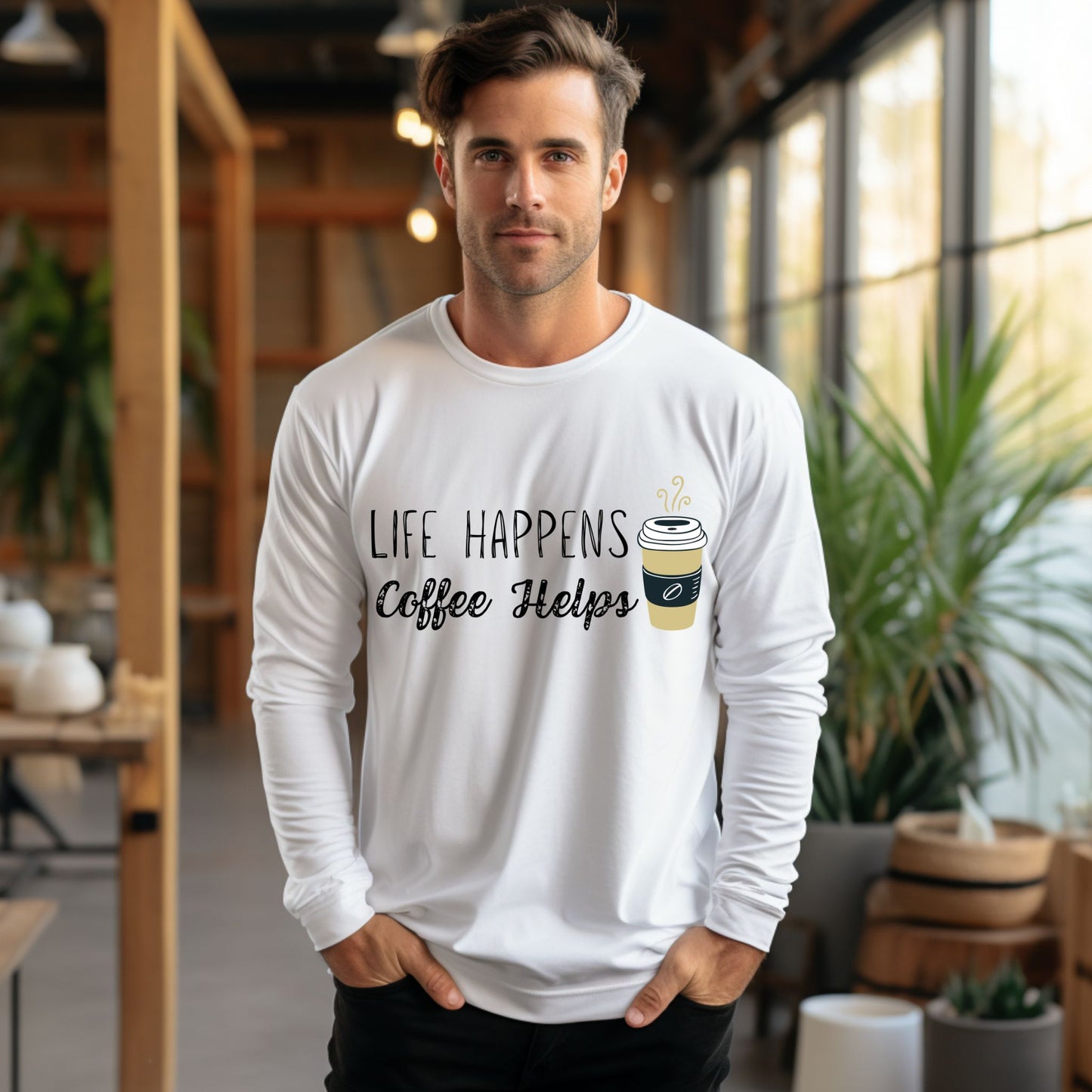 Life Happens Coffee Helps T-Shirt  Funny Coffee Graphic Tee for Caffeine Lovers Long Sleeve Tee