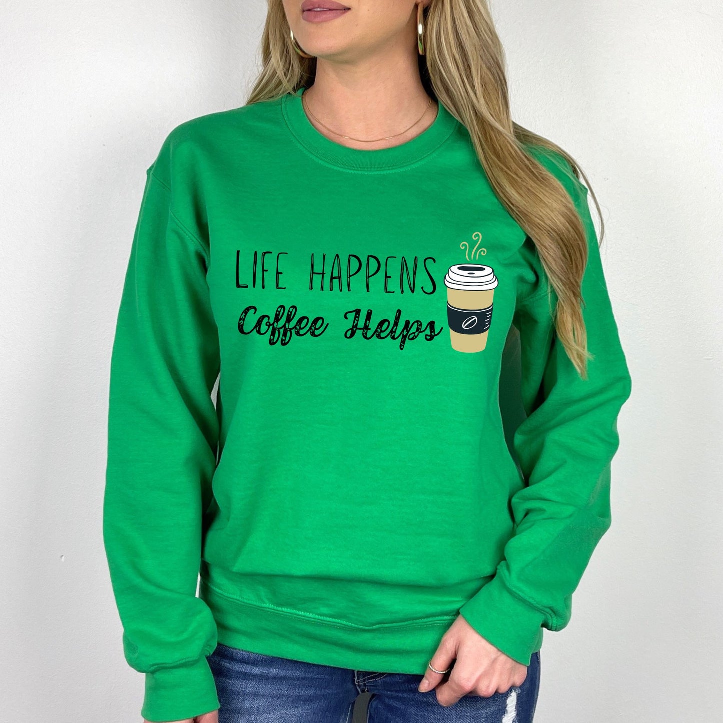 Life Happens Coffee Helps T-Shirt  Funny Coffee Graphic Tee for Caffeine Lovers Long Sleeve Tee