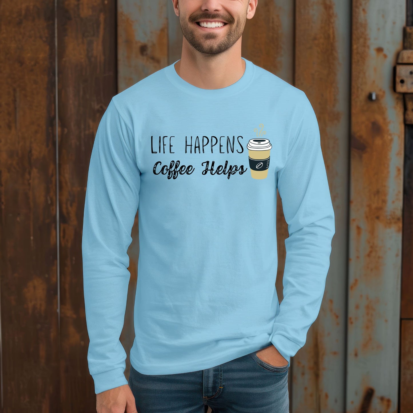 Life Happens Coffee Helps T-Shirt  Funny Coffee Graphic Tee for Caffeine Lovers Long Sleeve Tee