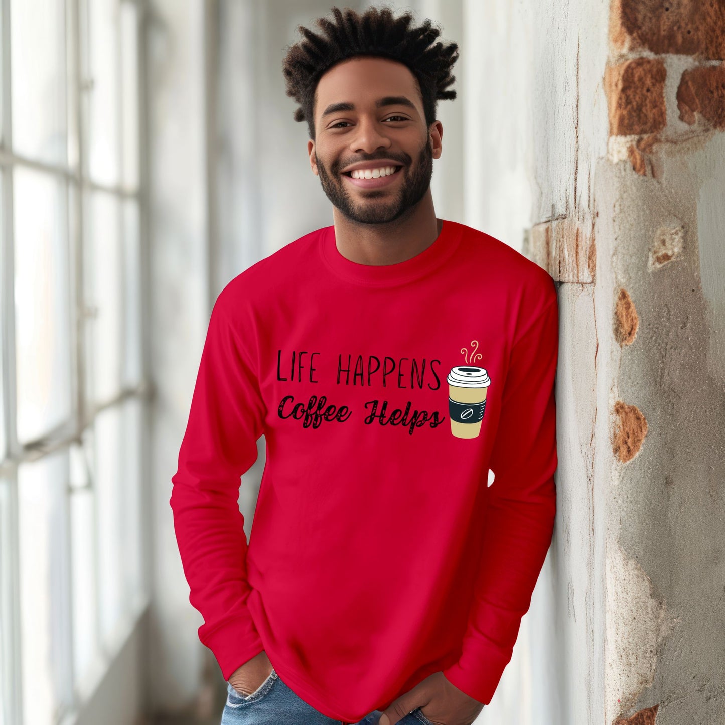 Life Happens Coffee Helps T-Shirt  Funny Coffee Graphic Tee for Caffeine Lovers Long Sleeve Tee