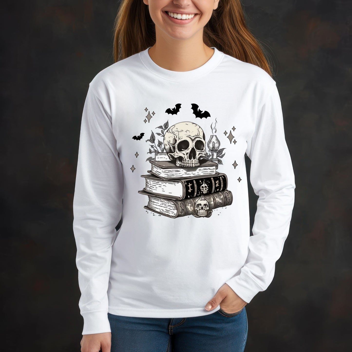 Dark Academia Aesthetic T-Shirt Skull, Books, and Bats Gothic Graphic Tee Long Sleeve Tee