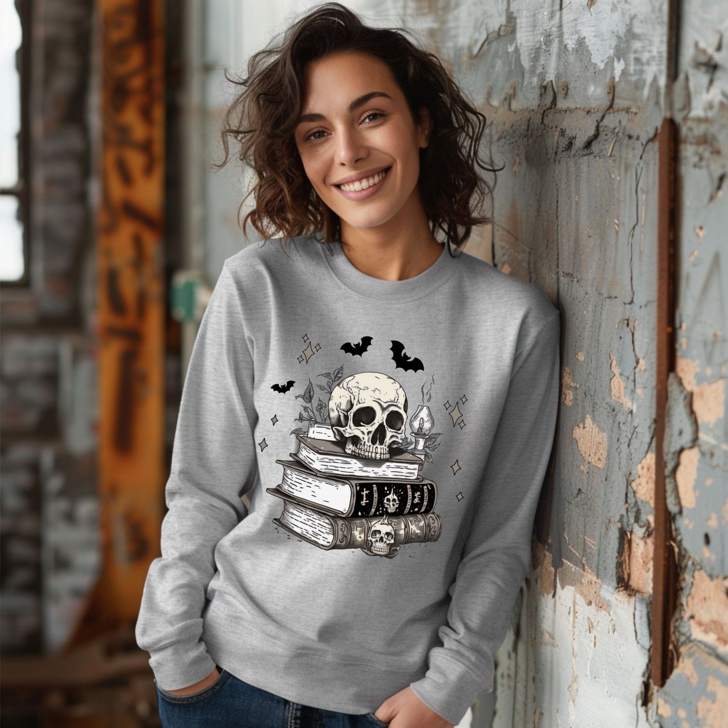 Dark Academia Aesthetic T-Shirt Skull, Books, and Bats Gothic Graphic Tee Long Sleeve Tee