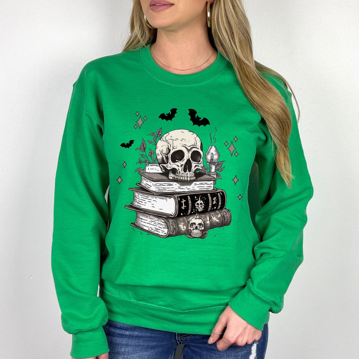 Dark Academia Aesthetic T-Shirt Skull, Books, and Bats Gothic Graphic Tee Long Sleeve Tee