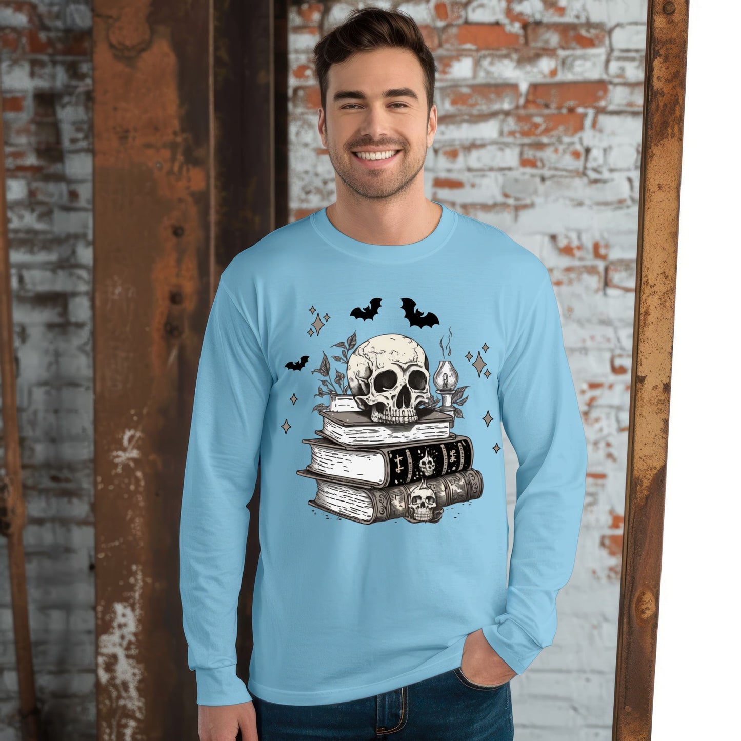 Dark Academia Aesthetic T-Shirt Skull, Books, and Bats Gothic Graphic Tee Long Sleeve Tee