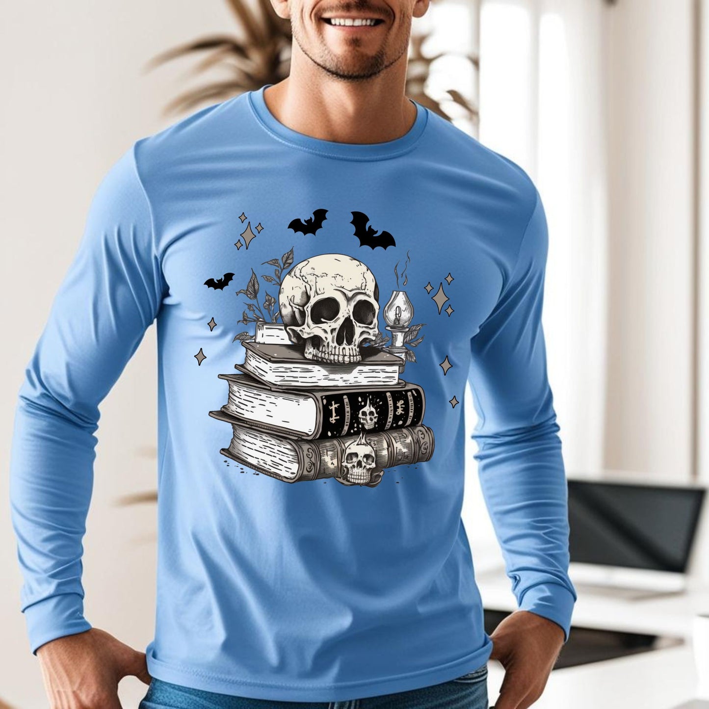 Dark Academia Aesthetic T-Shirt Skull, Books, and Bats Gothic Graphic Tee Long Sleeve Tee