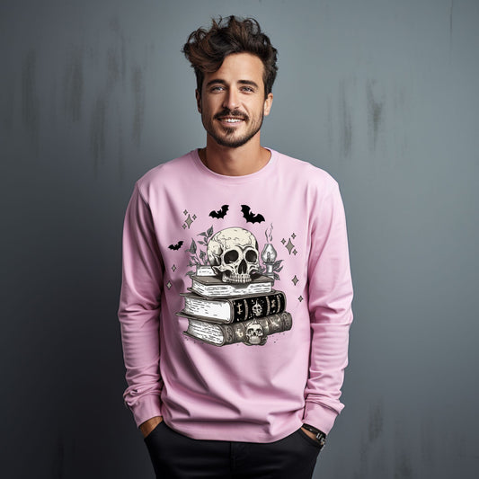 Dark Academia Aesthetic T-Shirt Skull, Books, and Bats Gothic Graphic Tee Long Sleeve Tee
