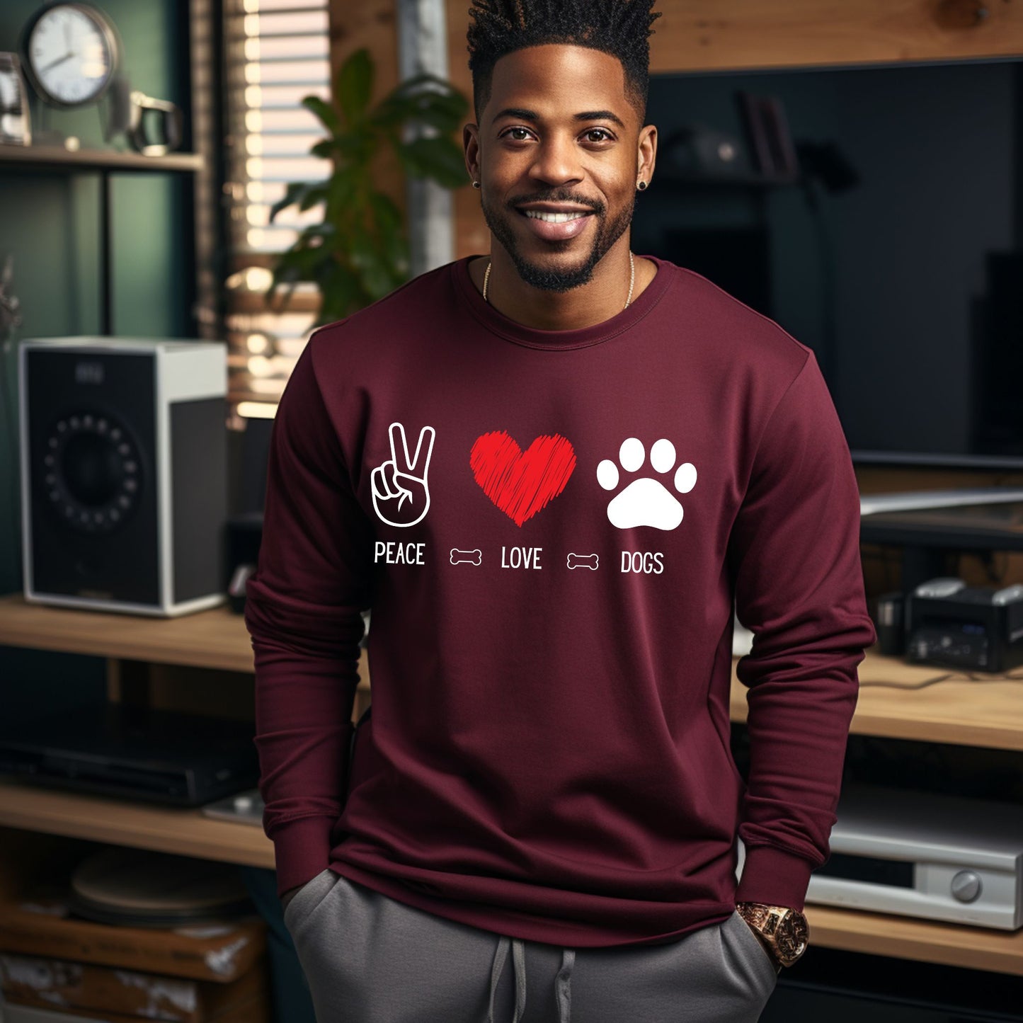 Peace Love Dogs Shirt Dog Lover Shirt Cute Dog Lover Tee with Peace Sign, Heart, and Paw Print Graphic Long Sleeve Tee
