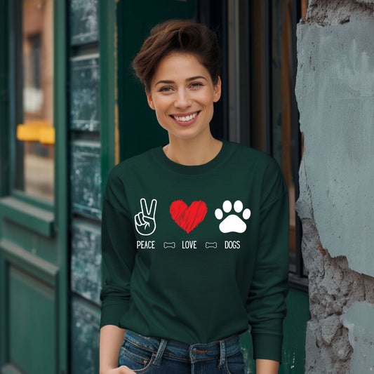 Peace Love Dogs Shirt Dog Lover Shirt Cute Dog Lover Tee with Peace Sign, Heart, and Paw Print Graphic Long Sleeve Tee