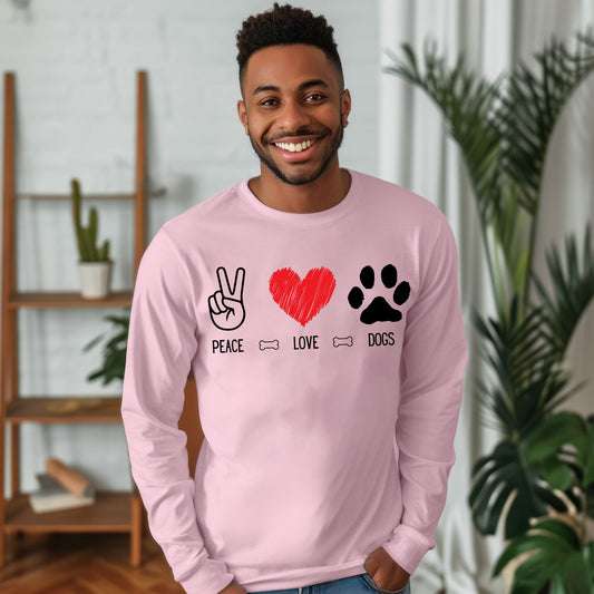 Peace Love Dogs Shirt Dog Lover Shirt Cute Dog Lover Tee with Peace Sign, Heart, and Paw Print Graphic Long Sleeve Tee