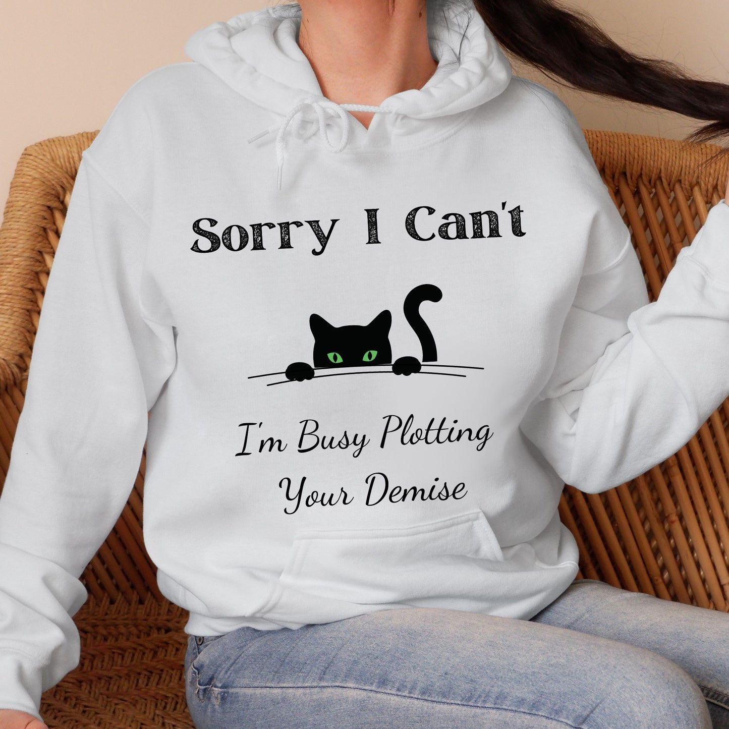 Sorry I Can't I'm Plotting Your Demise Funny Cat Hoodie Peeking Black Cat Graphic Sweatshirt Black Cat Shirt