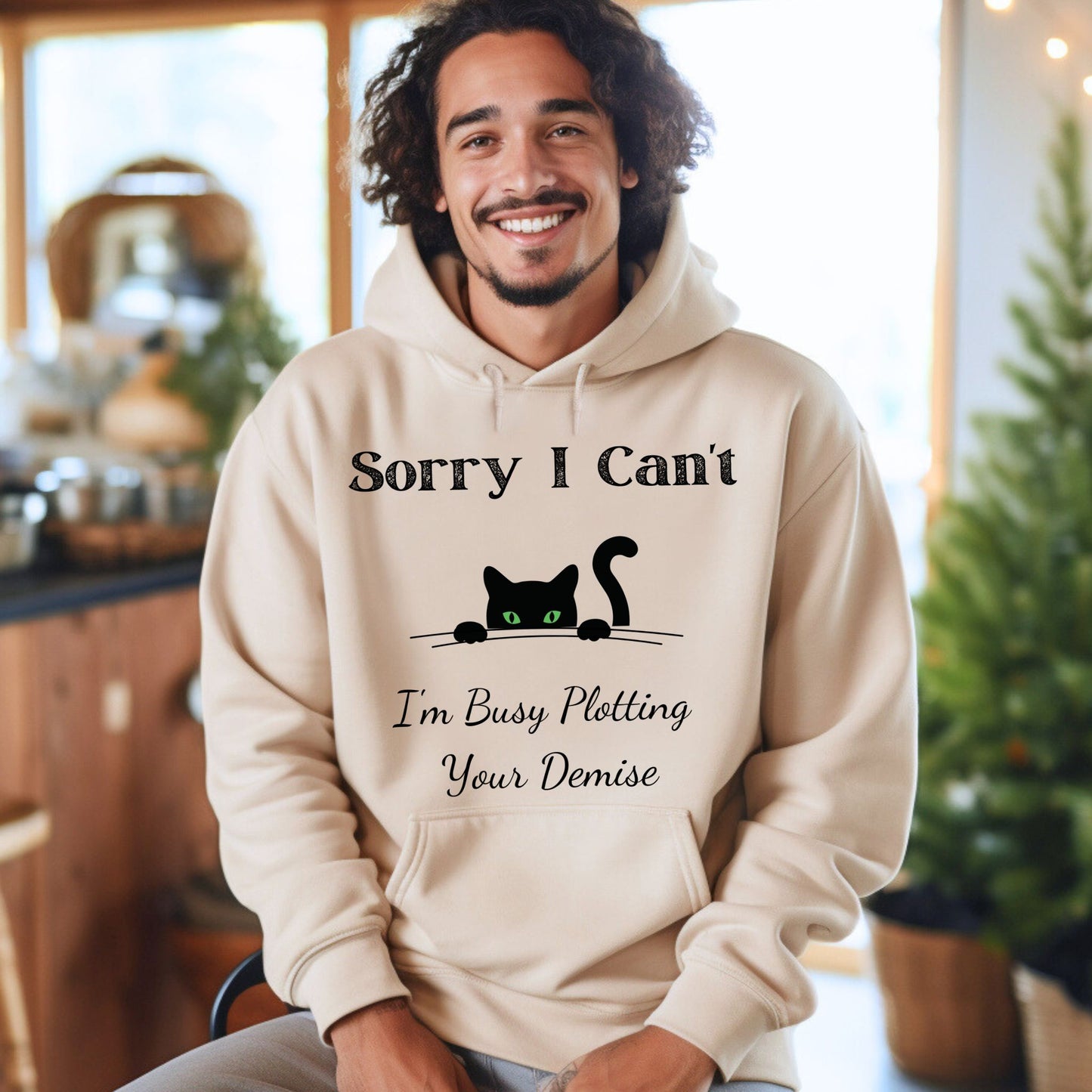 Sorry I Can't I'm Plotting Your Demise Funny Cat Hoodie Peeking Black Cat Graphic Sweatshirt Black Cat Shirt