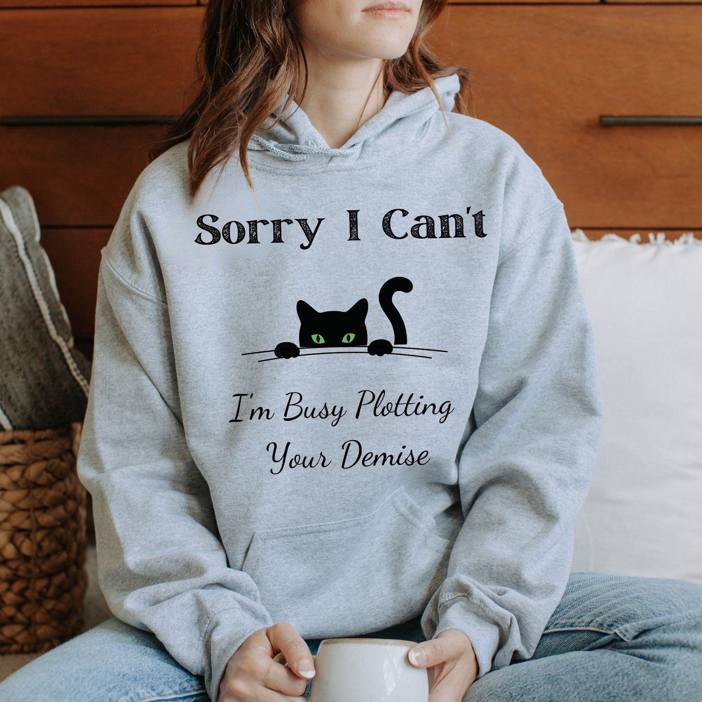 Sorry I Can't I'm Plotting Your Demise Funny Cat Hoodie Peeking Black Cat Graphic Sweatshirt Black Cat Shirt