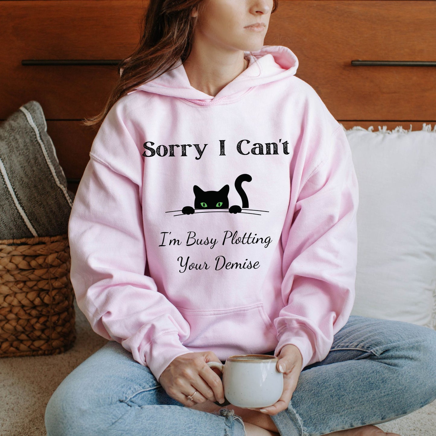 Sorry I Can't I'm Plotting Your Demise Funny Cat Hoodie Peeking Black Cat Graphic Sweatshirt Black Cat Shirt