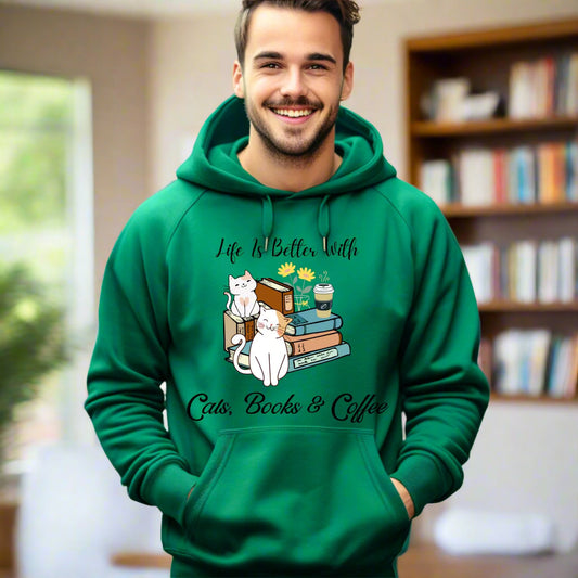 Cats Books And Coffee Hoodie Bookish Sweatshirt Bookworm Gift Reading Hoodie Bibliophile Gift Librarian Sweatshirt