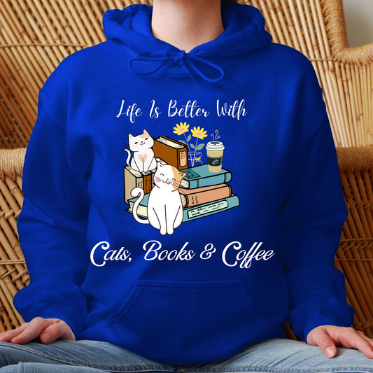 Cats Books And Coffee Hoodie Bookish Sweatshirt Bookworm Gift Reading Hoodie Bibliophile Gift Librarian Sweatshirt