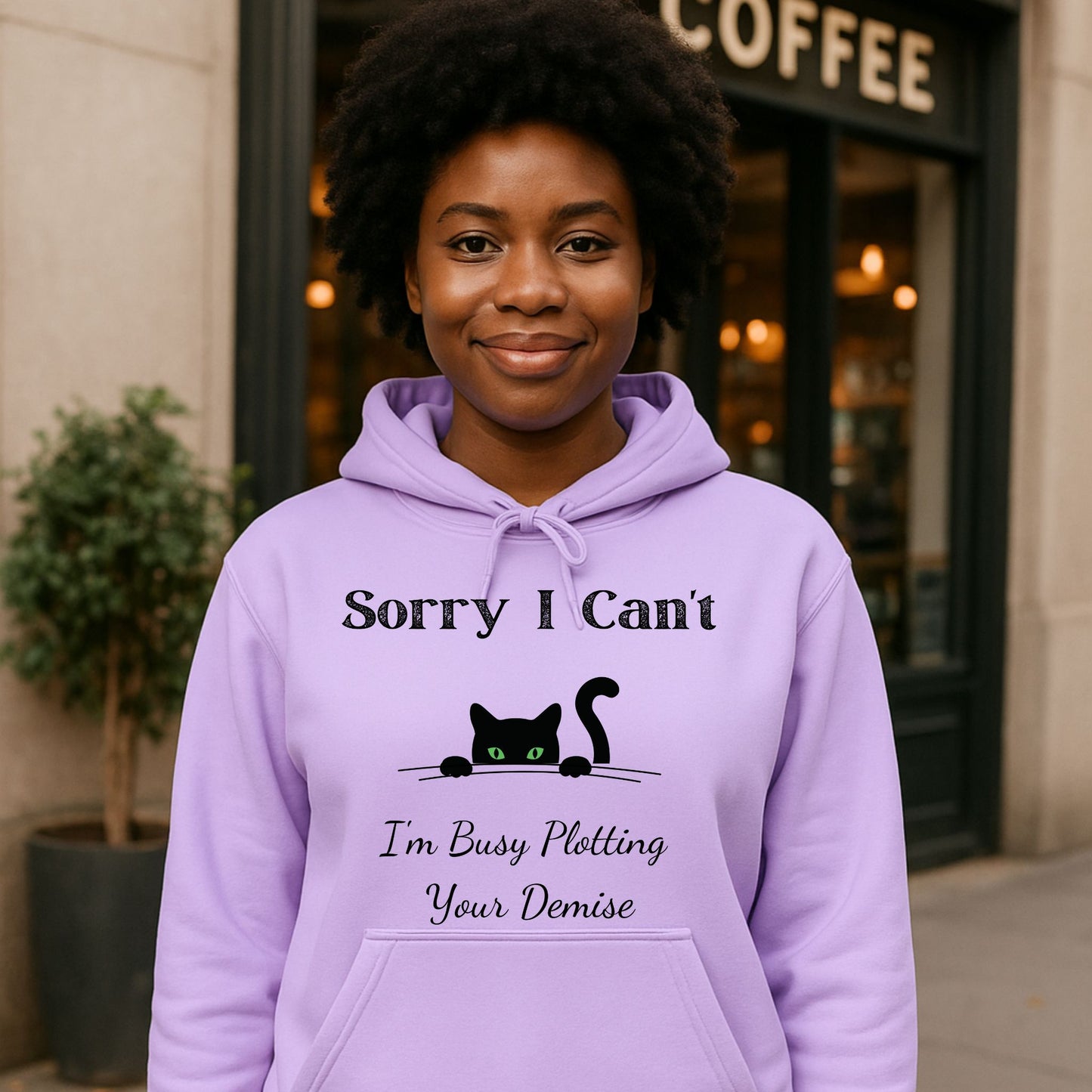 Sorry I Can't I'm Plotting Your Demise Funny Cat Hoodie Peeking Black Cat Graphic Sweatshirt Black Cat Shirt
