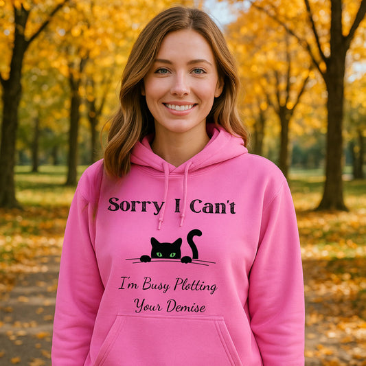Sorry I Can't I'm Plotting Your Demise Funny Cat Hoodie Peeking Black Cat Graphic Sweatshirt Black Cat Shirt