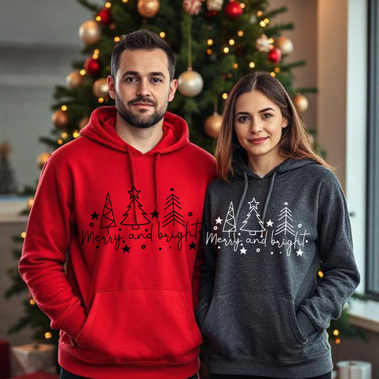 Christmas Tree Line Drawing  Hoodie Merry and Bright Sweatshirt Christmas Shirt Festive Holiday Hoodie