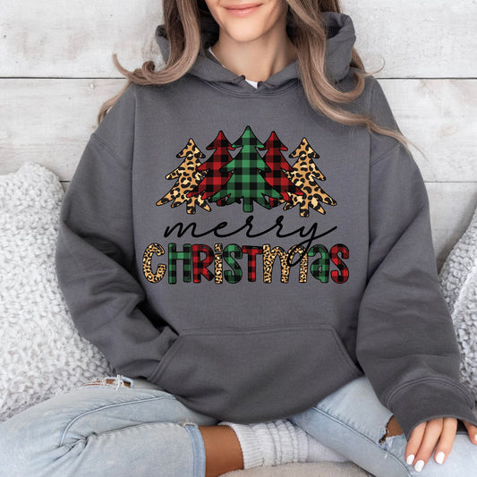 Merry Christmas Hoodie Buffalo Plaid & Leopard Print Christmas Sweatshirt Graphic Shirt