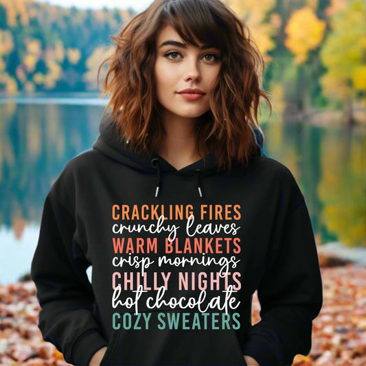 Cozy Fall Vibes Hoodie  Autumn Text Graphic Sweatshirt  Fall Lovers Shirt Crackling Fires and Cozy Sweaters Hoodie Fall Lover Gift