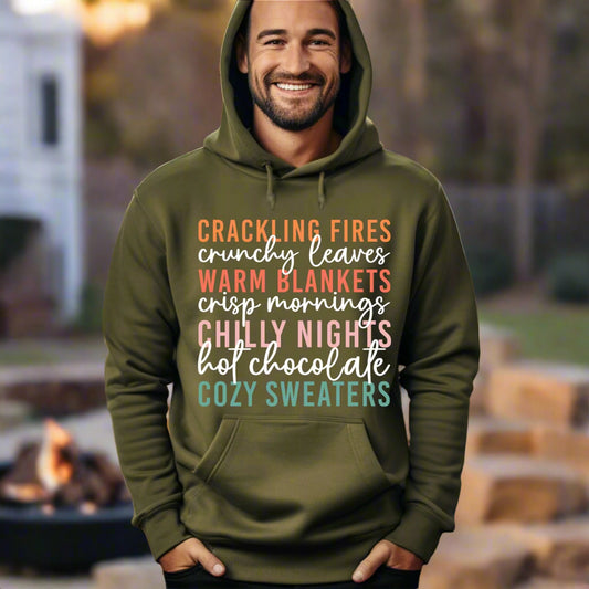Cozy Fall Vibes Hoodie  Autumn Text Graphic Sweatshirt  Fall Lovers Shirt Crackling Fires and Cozy Sweaters Hoodie Fall Lover Gift