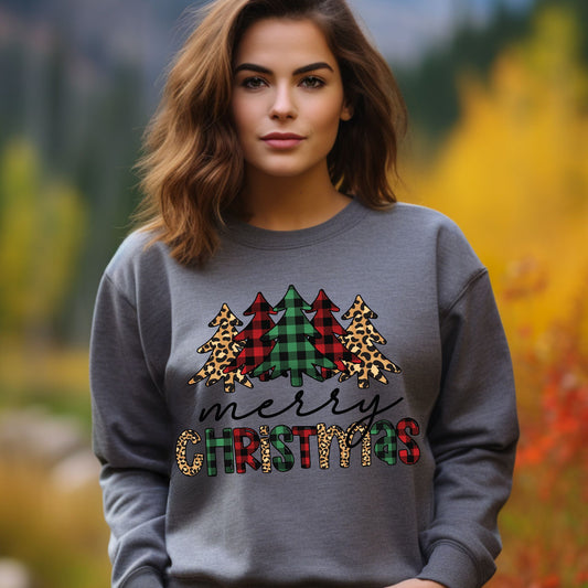 Merry Christmas Sweatshirt Buffalo Plaid & Leopard Print Christmas Shirt Holiday Graphic Sweatshirt