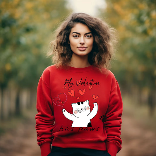My Valentine Has Paws Cat Sweatshirt Cute Cat Love Shirt Valentine’s Day Kitty with Hearts Sweatshirt