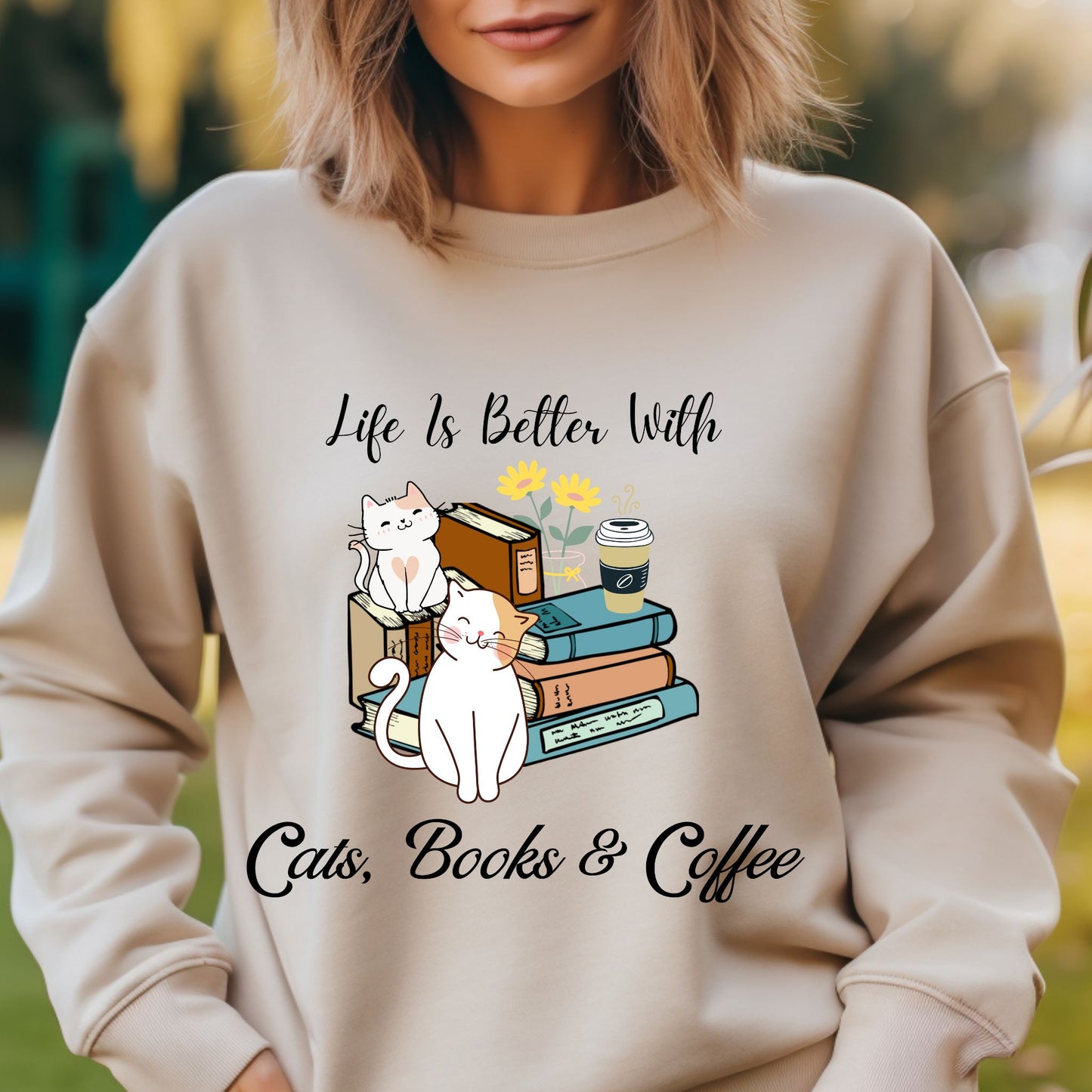 Bookish Sweatshirt Gift For Coffee Lover Book Lover Crewneck Gift For Cat Lover Coffee Sweatshirt