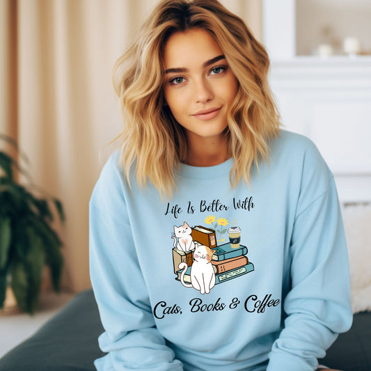 Bookish Sweatshirt Gift For Coffee Lover Book Lover Crewneck Gift For Cat Lover Coffee Sweatshirt