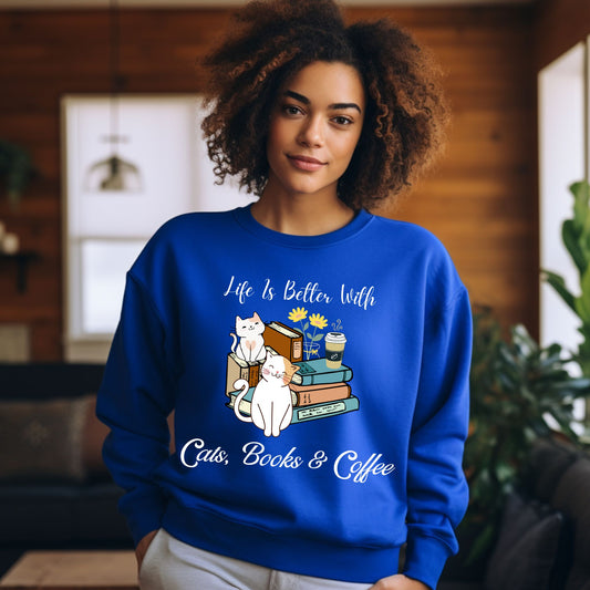 Bookish Sweatshirt Gift For Coffee Lover Book Lover Crewneck Gift For Cat Lover Coffee Sweatshirt