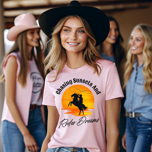 Chasing Sunsets and Rodeo Dreams T-Shirt,  Western Apparel, Country Music Shirt, Cowboy Gift, Summer Outfit